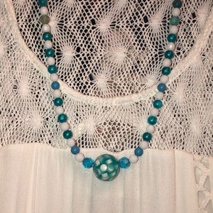 Blue & White boho necklace 26” long NEW